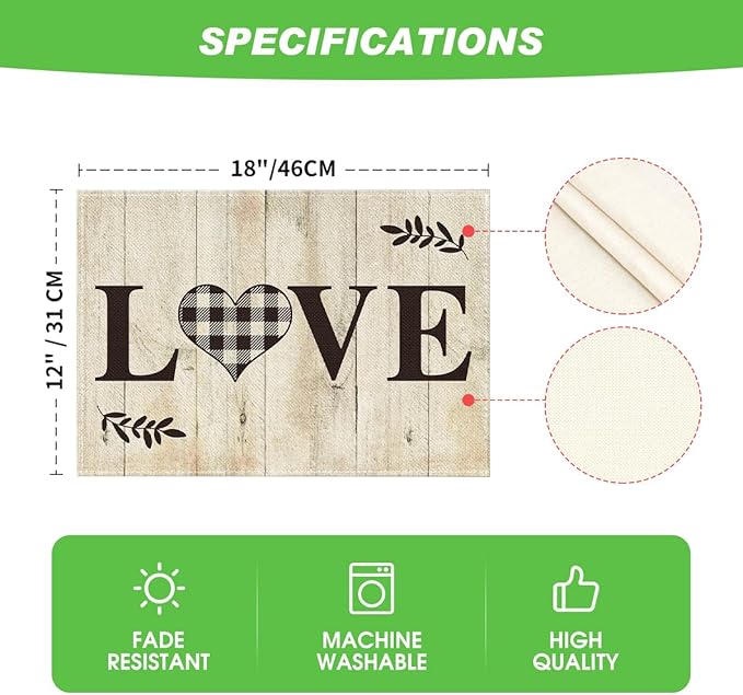 Artoid Mode Love Family Home Together Buffalo Plaid Placemats Set of 4, 12x18 Inch Farmhouse Table Mats Party Kitchen Dining Decoration