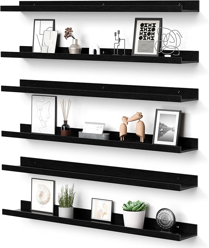 upsimples Floating Shelves for Wall, Wall Shelves for Decor Storage Set of 6, Wall Mounted Wood Shelves for Bedroom, Living Room, Bathroom, Kitchen, 35.5 inch Long Picture Ledge Shelves, Black