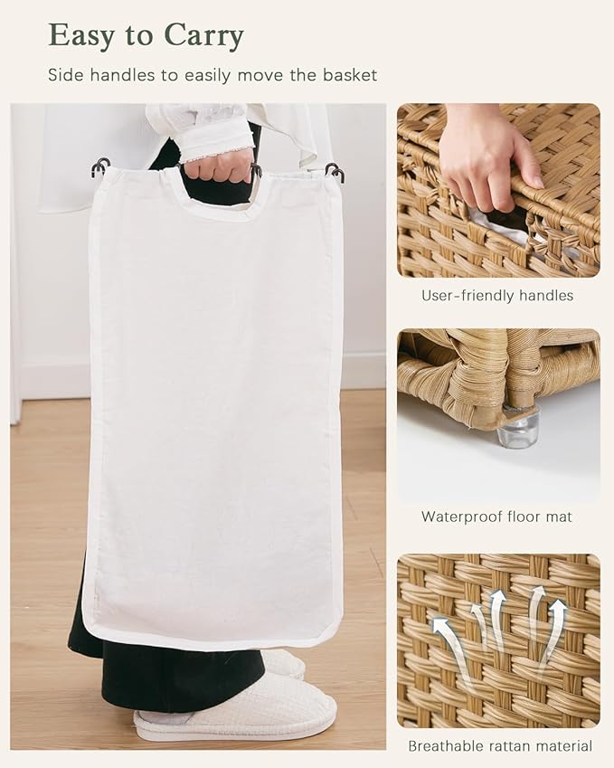 Laundry Hamper with Lid Wicker Laundry Basket 112 L (29.6 Gal) Laundry Hampers Handwoven Rattan Clothes Hamper with Handles 3 Removable Liner Bag, 6 Mesh Bags for Bathroom Bedroom Natural