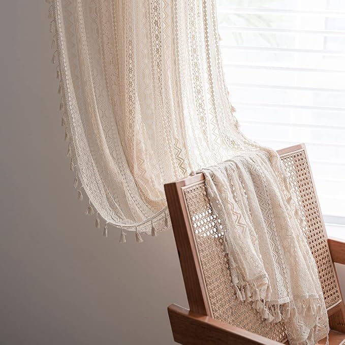 JOOJA 84 inch Length 2 Panels Set Rod Pocket Farmhouse Beige Crochet Semi Sheer Lace Boho Curtains, Vintage Cotton Tassel Window Treatment for Bedroom Living Room 59x84