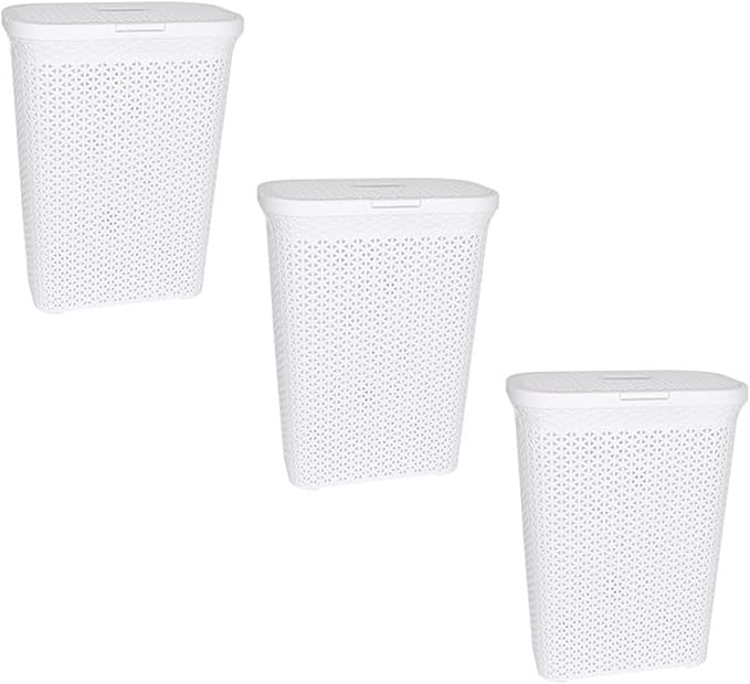 YBM Home Plastic Rattan Laundry Hamper Basket with Hinged Lid, Ventilation Holes, Durable, Lightweight Bin With Cutout Handles, Storage Dirty Clothes, Space Saver, 10.5" x 17.5" x 23.75", White,3-Pack