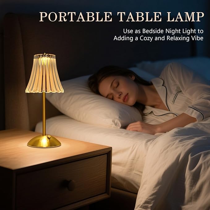 Cordless LED Touch Lamp with Crystal Acrylic Shade, USB Rechargeable, 3-Color Temperature, Dimmable Table Light, Portable Modern Industrial Style Lighting for Bedroom, Office, Patio & Gift Use