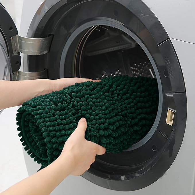 Striped Deep Green Bathroom Rug Set 3 Pieces Ultra Soft, Non Slip Chenille Bath Carpet, Absorbent Plush Shaggy Bath Mats for Bathroom, Toilet, Bedroom, Kitchen