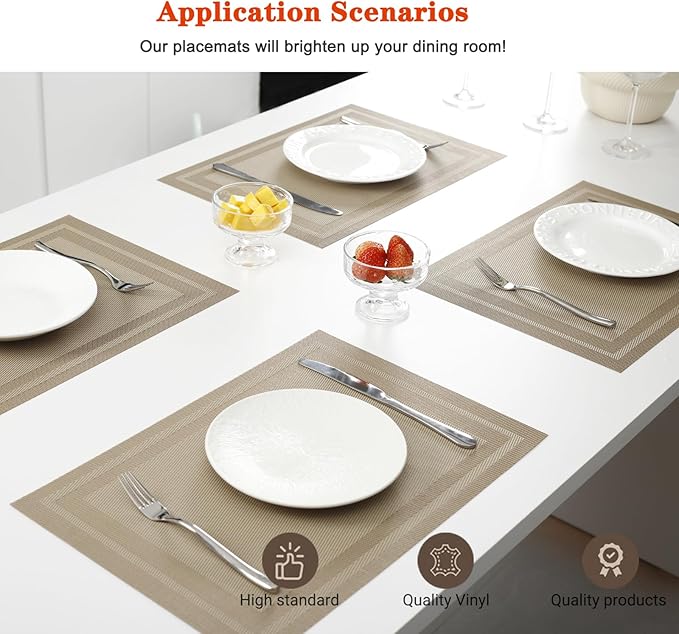 Placemats Set of 6,Washable,Heat and Stain Resistant Indoor/Outdoor Place mats, Vinyl Woven Non Slip Table Mats for Restaurant Table Protection, PVC Table Placemats(Beige, 6PCS)