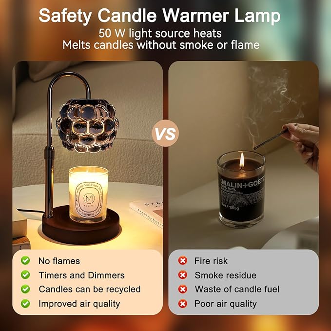 Candle Warmer Lamp with Timer Adjustable - Height Candle Warmer, Dimmer, Vintage Glass Wax Melting Lamps for Home Decor, for Candles in Jars with 2 Bulbs