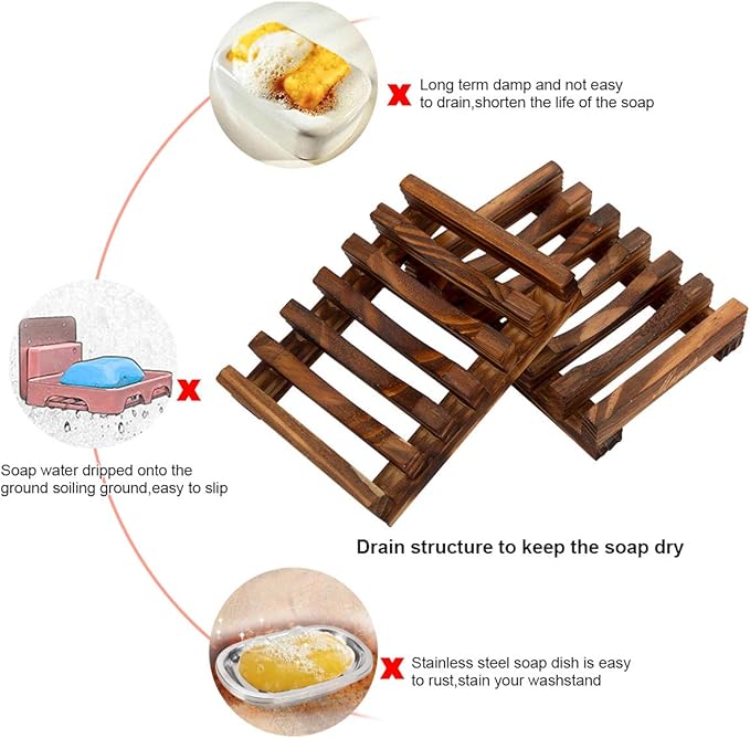 Soap Dishes, Wooden Soap Holder for Bathroom/Shower, Bar Soap Case with Slanted Waterfall Design, Self Draining Soap Saver for Shower, Kitchen, Sinks, Sponge, Scrubber (Wood 1 Pack)