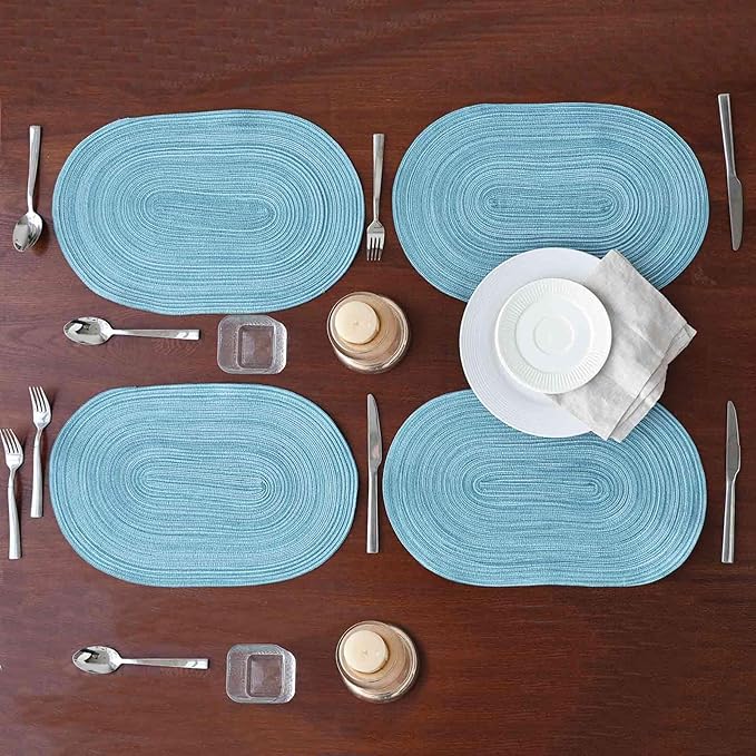 Noctiflorous Oval Braided Placemats Set of 4 Woven 12x18 Inch Non Slip Washable Heat Resistant Place Mats Round Tablemats for Dining Kitchen Party Daily Table Decor Dinner Mats (07 Blue, 4)