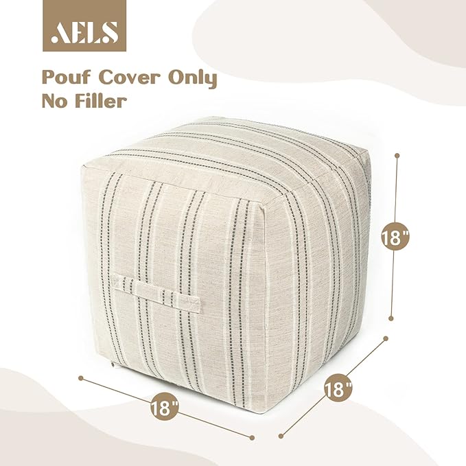 AELS Unstuffed Farmhouse Pouf Cover for Living Room, Boho Storage Bean Bag Cubes, Beige with Gray Stitch Yarn Dyed Stripe Linen Square Ottoman Pouf Foot Rest Footstool, 18"x18"x18", Cover ONLY