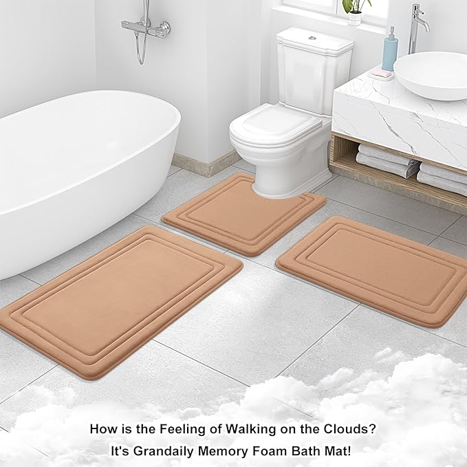 Grandaily Memory Foam Bath Mat Rug 24x16, Ultra Soft, Non-Slip and Absorbent Bathroom Rugs, Machine Wash Dry, Comfortable Bath Carpet for Bathroom Floor, Tub and Shower, Dark Beige
