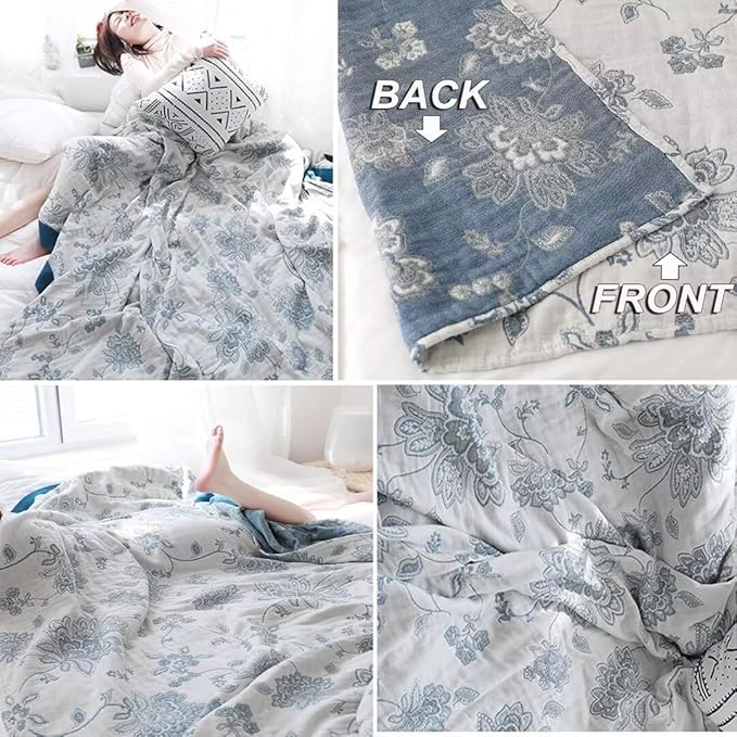 Boho Muslin Throw BlanketsQueen Size for Bed, Ultra Woven Cotton Throw Blankets for Farmhouse,Picnic,Travel, Lightweight Reversible Fall Blankets Cotton Home Docor Throw Blankets 80"x90"