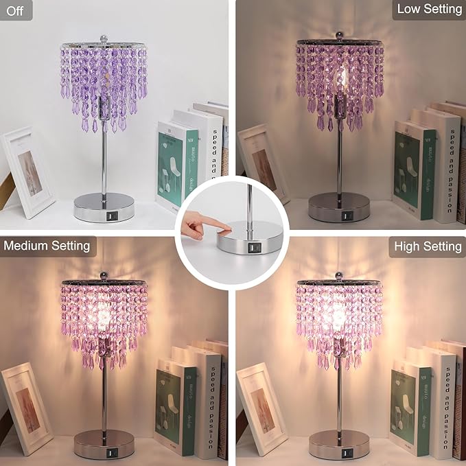 USB Bedside Crystal Lamp, 3 Way Dimmable Touch Nightstand Lamp with Dual USB Charging Ports, Lavender Table Lamp Decorative Accent Lamp Silver for Bedroom, Living Room, Office, B11 LED Bulb Included