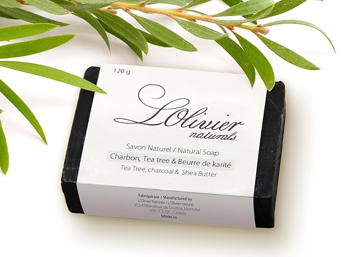 L'OLIVIER NATURALS (2 Pack) Activated Charcoal Bar Soap with Tea Tree and Shea butter- All Natural Bar Soap - Handmade Soap - Made in Canada