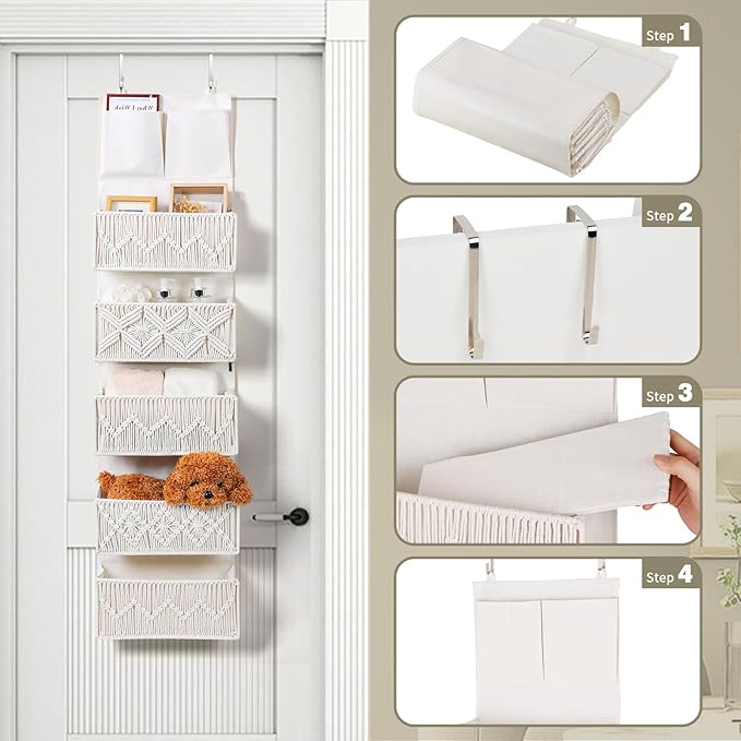 ANTIS'S HOME Over The Door Organizer Boho Decor Storage with 5 Large Woven Pockets, Detachable, Macrame Nursery Organizer and Toy Storage, Behind Door for Bathroom or Bedroom