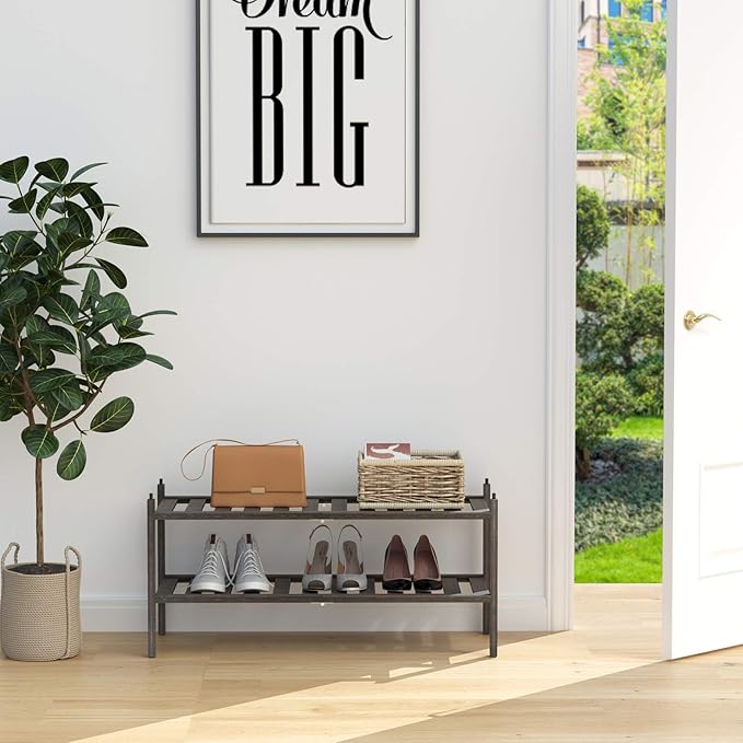 Shoe Rack,2-Tier Bamboo Stackable Shelf Storage Organizer for Entryway, Hallway and Closet, 27.2"x11"x13.2" (Mocha)