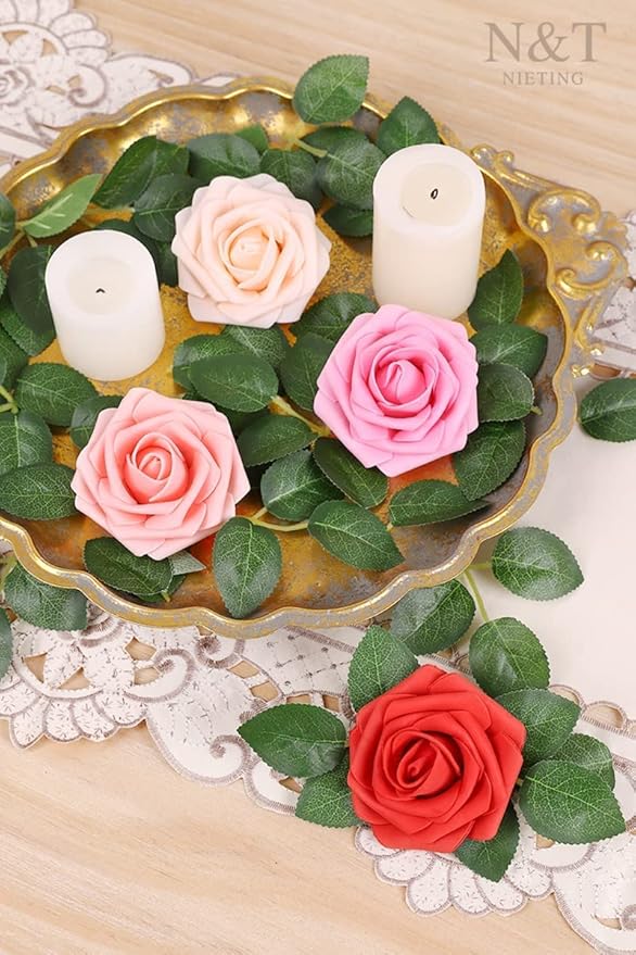 N&T NIETING Artificial Flowers 25pcs Real Looking Artificial Roses with Stems for Valentine's Day Mother's Day Wedding Bridal Bouquet Party Baby Shower Cake Decoration, Series Red