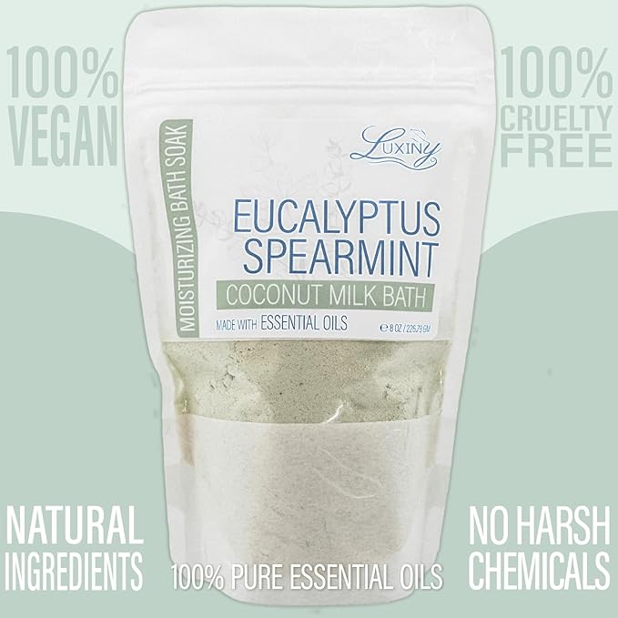 Vegan Milk Bath Soak Made with Moisturizing Coconut Milk Powder, Essential Oil, & Sweet Almond Oil for a Bath Bomb Dust Soothing Fizz & Relaxing Soak, 8 oz. (Eucalyptus Spearmint)