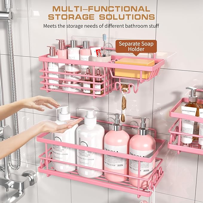 Adhesive Shower Caddy-Rustproof, No Drilling Pink Shower Shelves for Bathroom - Large Capacity with Soap Holder, Pink Bathroom Decor