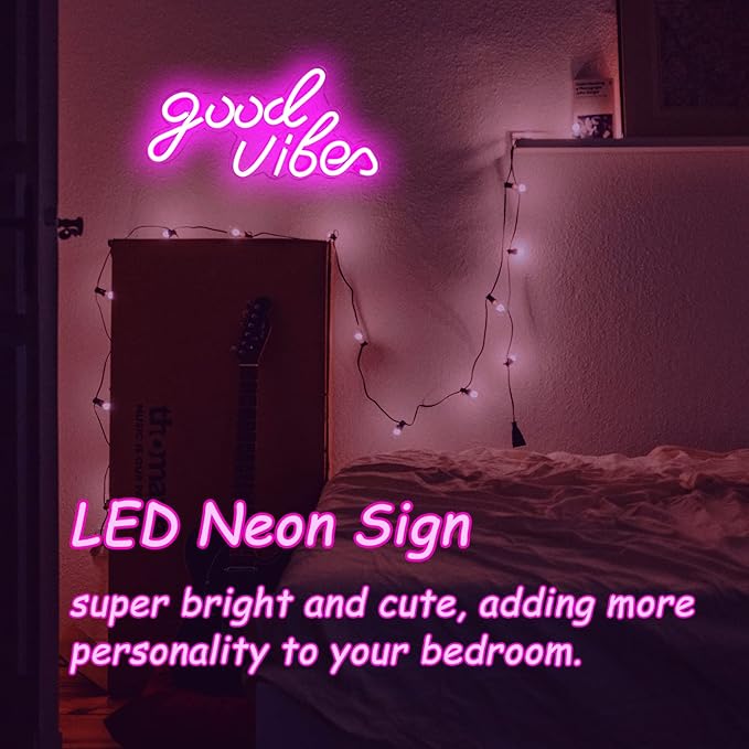 Good Vibes Neon Sign, LED Neon Signs for Wall Decor, Pink Neon Lights for Bedroom & Party Art Decor, USB Powered Bright Neon Light for Lover, Friends