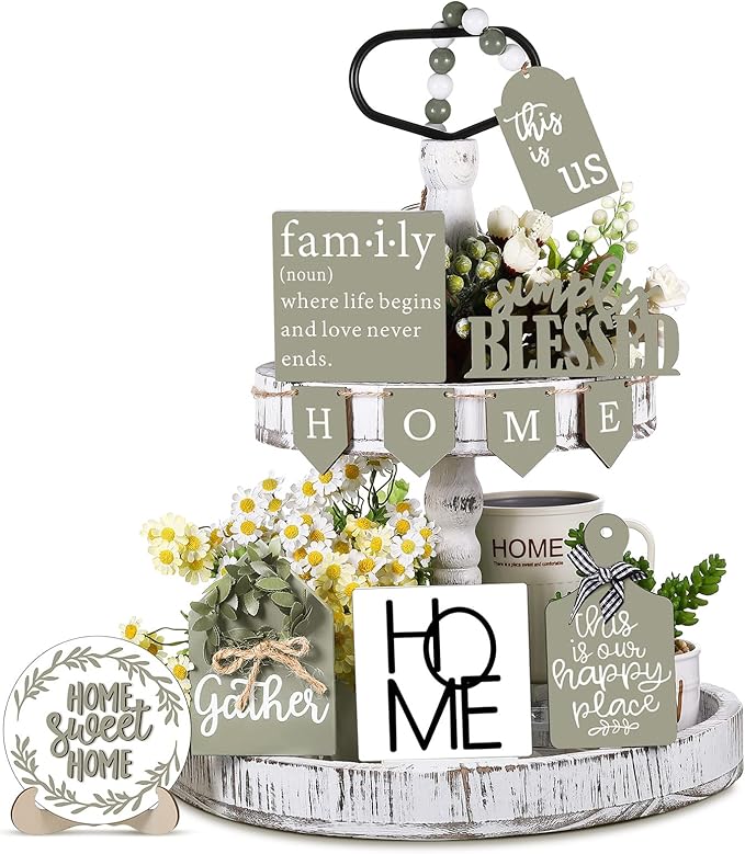 Set of 11 Summer Farmhouse Tiered Tray Decor Rustic Home Tiered Tray Decorations Set Home Wooden Signs This is Us Farmhouse Tabletop Wood Signs for Kitchen Table Decor