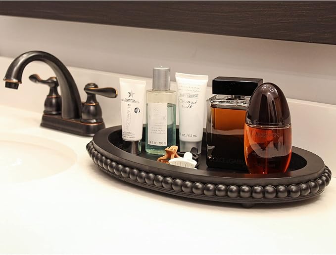 AuldHome Design Wood Beaded Tray (Black), Decorative Farmhouse Style Oval Wooden Tray