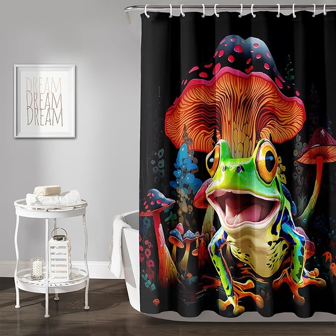 AILONEN Cartoon Tree Frog Shower Curtain,Magic Mushroom Shower Curtain Set for Bathroom for Kids Girls,Boho Style Waterproof Bath Curtain,Tropical Amphibian Bathroom Curtain with Hooks, 48" W*72" H