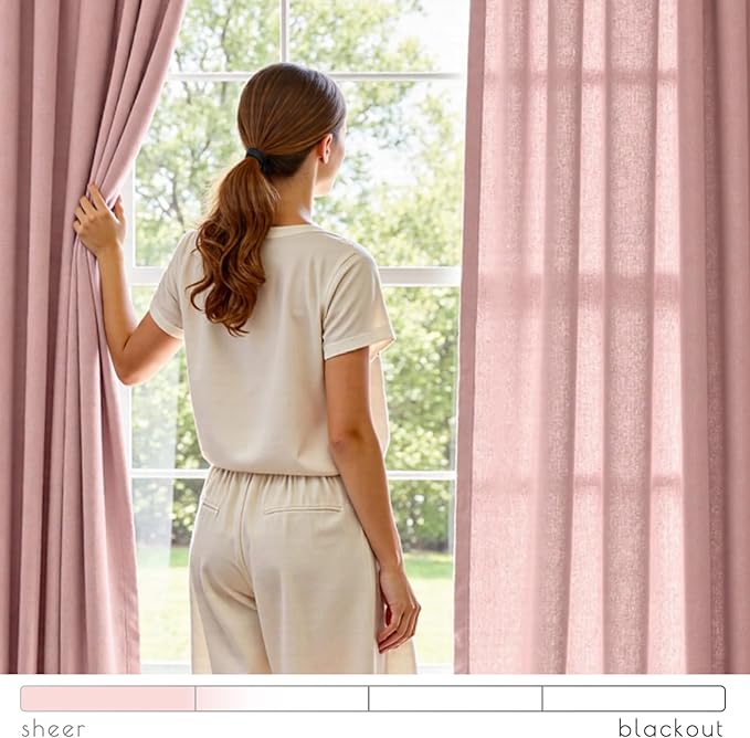 jinchan Pink Linen Blend Curtains 90 inch Length 2 Panels for Bedroom Living Room, Light Filtering 50 inch Wide Farmhouse Drapes with Rod Pocket Back Tab(50W x 90L, Pink)