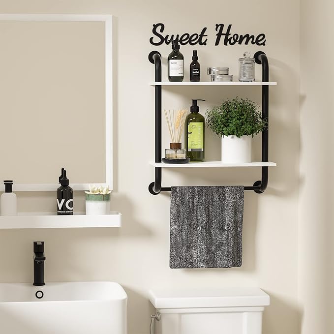 Bathroom Shelves Wall Mounted, Rustic Farmhouse Pipe Shelves 2-Tier, Floating Shelf Wall Decor for Bathroom, Kitchen, Bedroom, Living Room 17.3in White