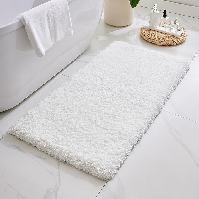 ILANGO White Bathroom Rugs 70" × 24" Non Slip & Super Absorbent Extra Thick Soft, Washable Bath Carpet Runner for Floor, Microfiber Plush Shaggy Bath Mats with Rubber for Bedroom Bathtub Shower Room