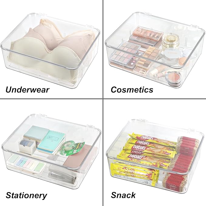 Clear Storage Container Drawer Organzier Dividers,Removable Divided Plastic Storage Bin with Lid, Storage Organizer for Scarves Ties Bras,Clear Dresser Organizers (Large-No Grids)