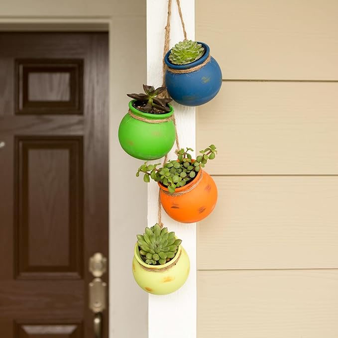 Zingz & Thingz Color Terracotta Planter Collection 4-Piece Dangling Hanging Mini Pots, 3.75x3.75x23, Fiesta Bright Colors