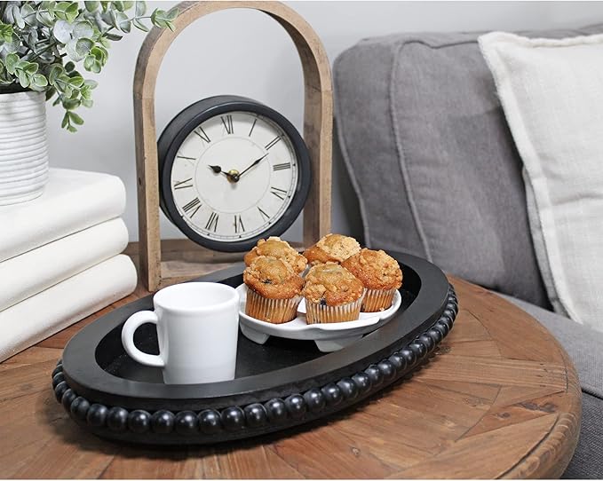 AuldHome Design Wood Beaded Tray (Black), Decorative Farmhouse Style Oval Wooden Tray