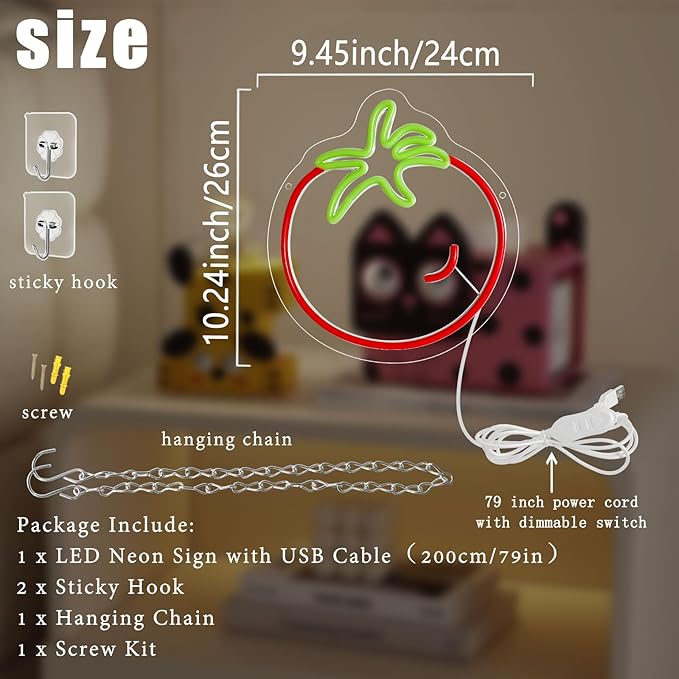 Tomato Neon Sign for Wall Decor,Cute Fruit LED Neon Light 9.4 * 10.2 inch Dimmable USB Kawaii Small Tomato Light Up Sign for Boys Girls Room Restaurant Birthday Party barn