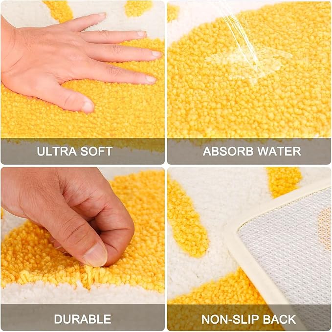 Bathroom Rugs Mat Half Circle - 35"x22" Large Cute Sun White Yellow Boho Bath Mats Non Slip, Soft Absorbent Microfiber Bohemian Rug, Semi Round Machine Washable Rubber Rugs for Floor Bedroom Bathmat