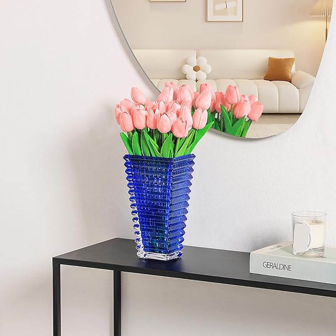MCMCNCUIU Crystal Vase, Large Crystal Vases for Flowers, Large Flower Vase, Modern Blue Vases for Living Room, Bedroom, Kitchen, Dining Table, Mantle, Wedding, 9 Inches