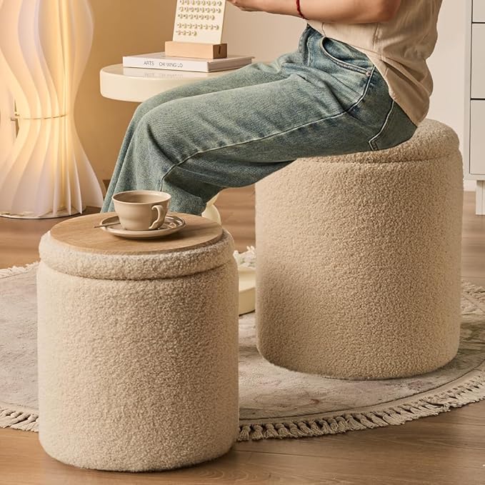 Round Ottoman with Storage Set of 2-Upholstered Velvet Vanity Stool for Makeup Multifunctional Ottomans Coffee Table Padded Seat Foot Rest for Living Room&Bedroom (Cream)