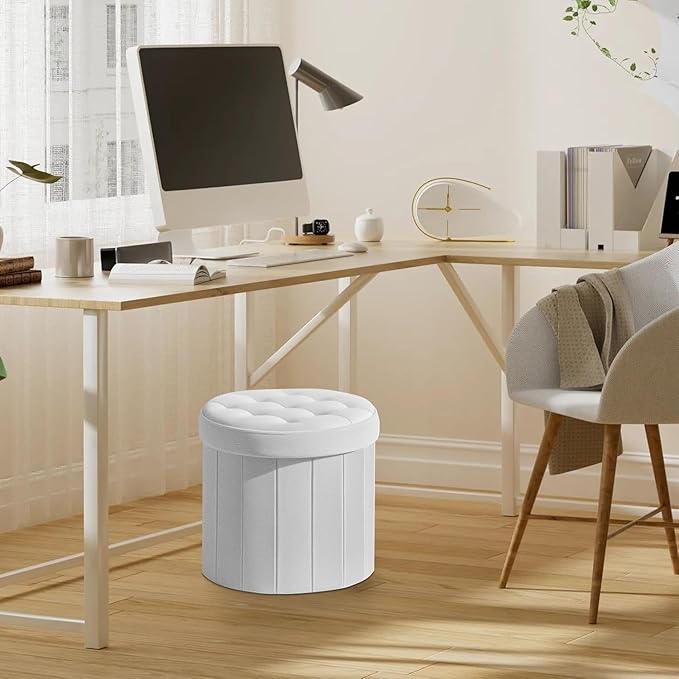 Bsketa® Ottoman with Storage, Foot Rest Stool with Thicker Foam Padded Seat Leather Small Round 14“ x 14” x 13 "Inchs Storage Ottoman Bench for Living Room Foldable Pouf Coffee Table 2 Pack,White