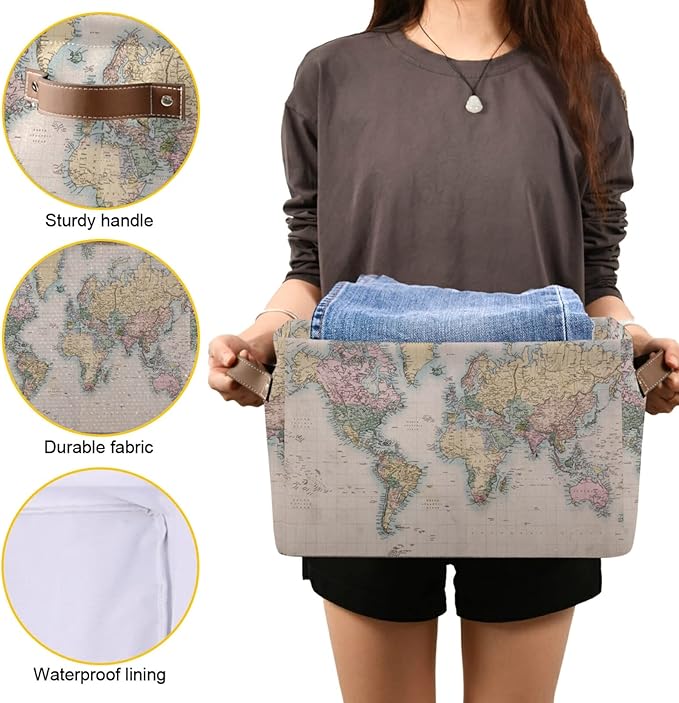 Vintage World Map Storage Basket Collapsible Laundry Organizer with Leather Handles Retro Map Print Rectangular Storage Box Bin 1 PC for Bathroom Clothes Kids Toys Nursery