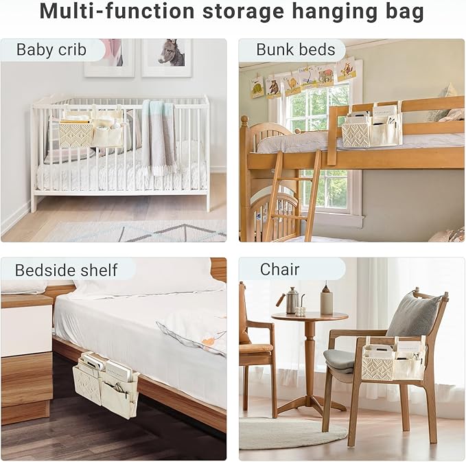 Mkono Bedside Caddy Hanging Organizer, Bunk Woven 7 Pockets Bed Storage Bag Boho Remote Magazine Books Holder with Macrame for Loft Bed College Dorm Bedroom Baby Bed Rails, Ivory