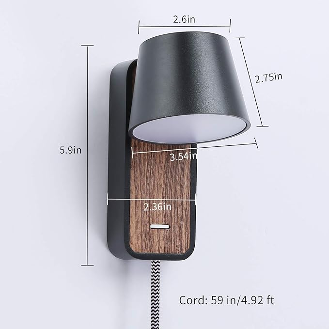 Modern Wall Lamp with Plug in Cord for Bedrooms Hallway Living Room, Indoor Contemporary Mounted Lighting Fixture,Nordic Bedside Rotatable Reading Lights, Up Down Black Wooden Sconces with Switch