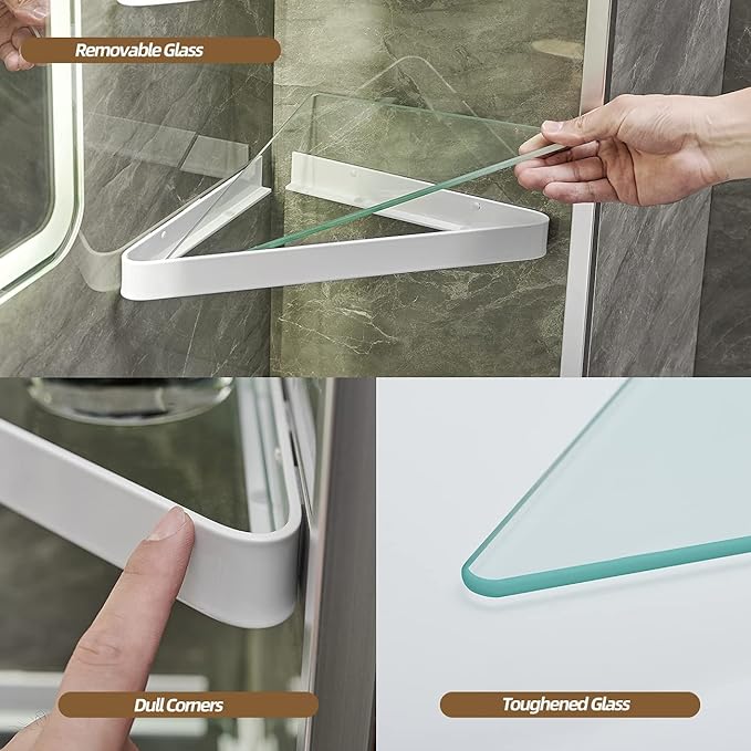 VOLPONE Bathroom Shelves Wall Mounted Glass Corner Shower Shelf for Bathroom Floating Shelf Tempered Glass Wall Organizer 2-Tier(White)