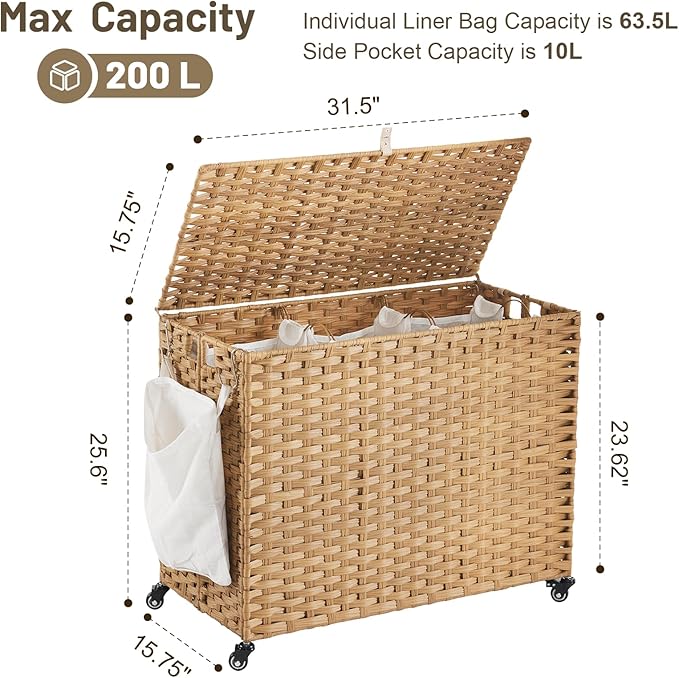 Laundry Hamper with Wheels, 52.8 Gallon(200L) Rolling Laundry Basket with Lid, 3-Section Rattan Clothes Hamper with 3 Removable Liner & 3 Mesh Bags, Laundry Sorter with Side Pocket, Natural