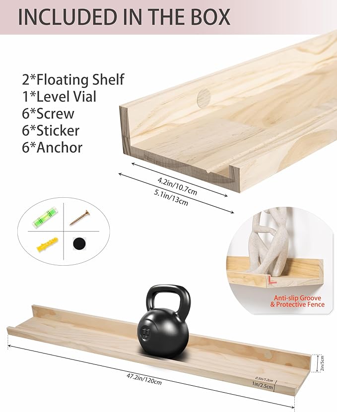 Long Floating Shelves Natural Wood, Picture Ledge Decorative Shelf 48 Inch, Large Wall Mount Photo Shelves Set of 2, Kitchen Unfinished Wooden Shelves for Bedroom Livingroom Bathroom,Pine Wood