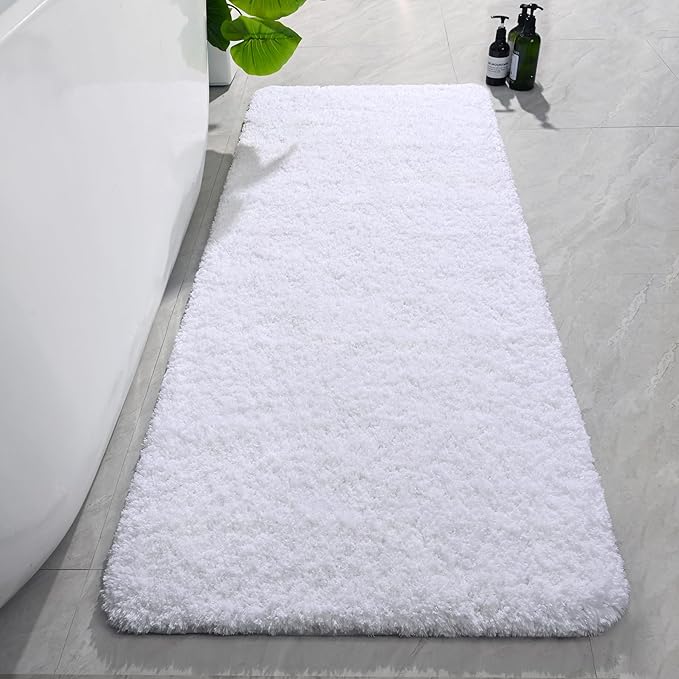 AROGAN Luxury Long Bathroom Runner Rug, 24x60 Inch Thick Soft and Absorbent Non Slip Bath Mat, Rubber Backing Quick Dry Rugs Carpets, Machine Washable Plush Mats for Shower Floor, White