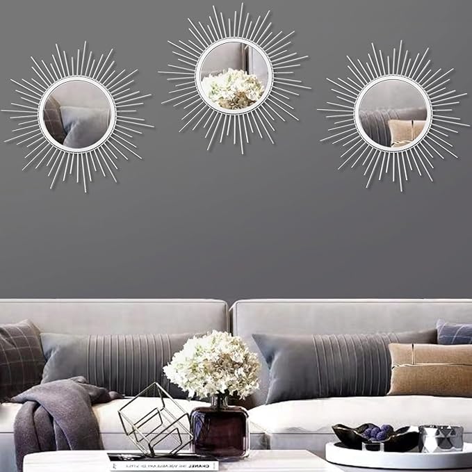 3 Pack Metal Mirrors for Wall Sunburst Wall Mirrors Home Décor Decorative Hanging Wall Art for Living Room Bedroom Entryway (Silver, Sunburst)