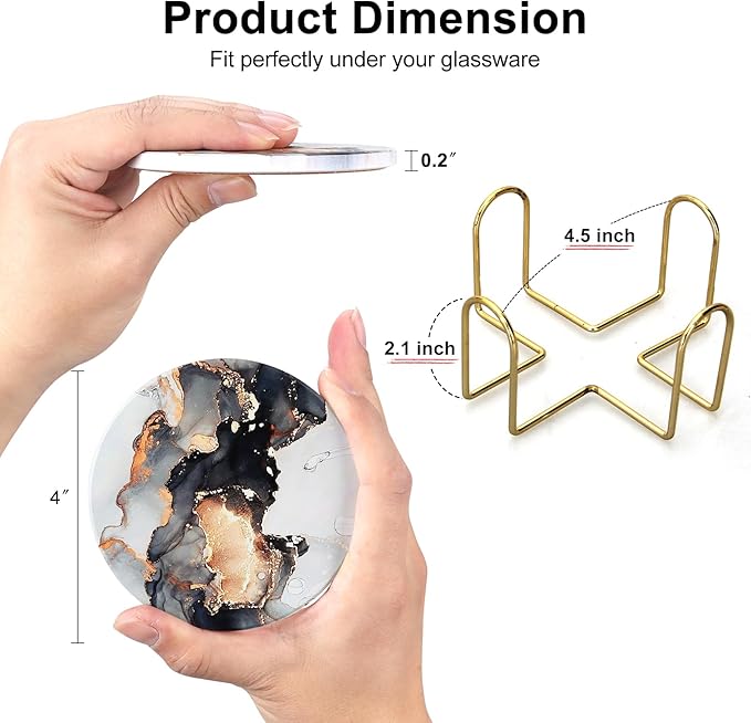 6 Pcs Black Marble Abstract Ceramic Coasters with Holder Best Round Drink Absorbent Coaster for Desk, Lounge, Coffee Table, Wine, Beverage, Bar Coasters Set