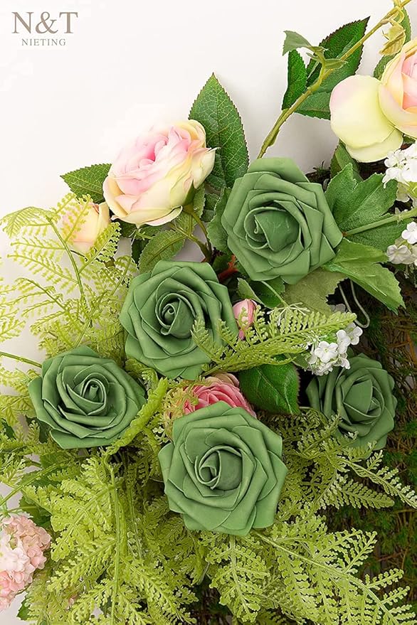 N&T NIETING Roses Artificial Flowers, 25pcs Artificial Flowers Foam Flowers with Stems for DIY Cake Decoration Wedding Party Home Decoration, Army Green