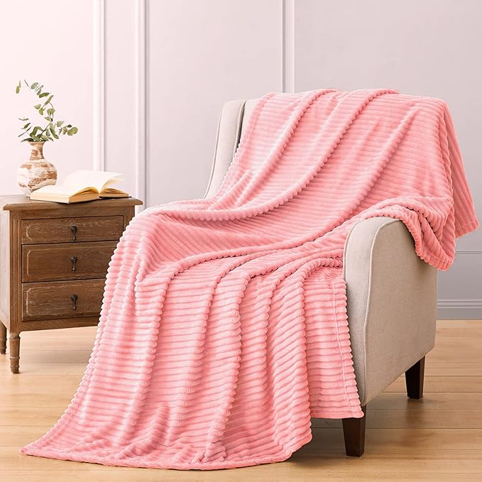 Vessia Flannel Fleece Pink Throw Blanket(50X70 Inch), 300GSM Warm and Soft Comfy Striped Bed Throw, Cozy Microfiber Ribbed Sofa Blanket for All Season