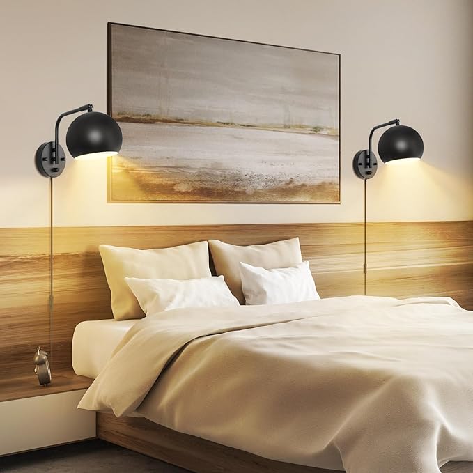 Dimmable Wall Sconces Set of 2, Plug in Wall Sconces Swing Arm Wall Lights with Plug in Cord and Dimmer On/Off Knob Switch, Black Globe Wall Light for Bedside Bedroom Bathroom(2 Bulbs Included)