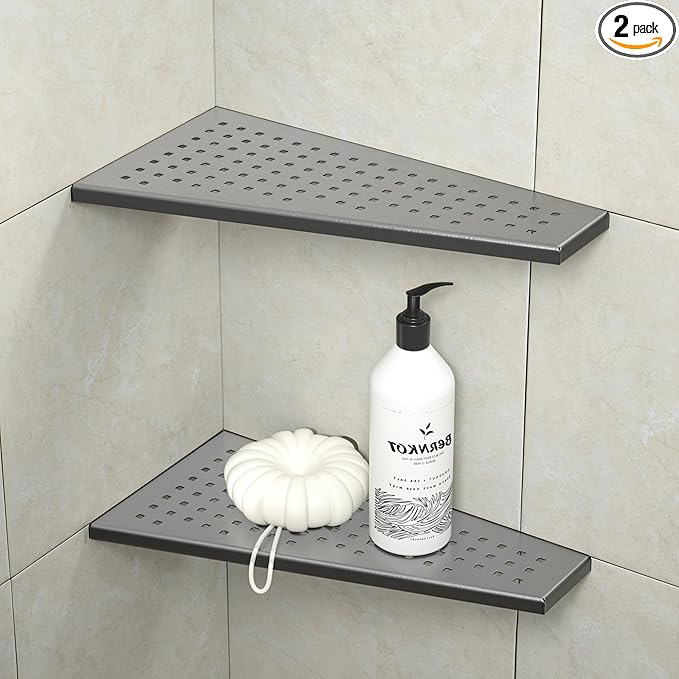 Corner Shower Shelf, 12" Trapezoid Floating Shelf 304 Stainless Steel Grid Design Recessed Bathroom Shelf for Tiled Wall No Drilling (Gunmetal, 12"-2 Pack)