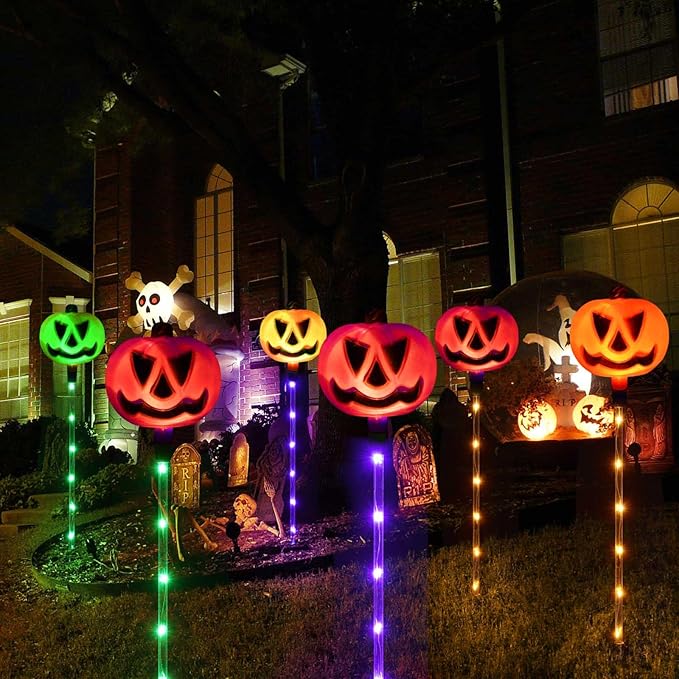 Homeleo Set of 6 Solar Pumpkin Pathway Lights for Halloween Decorations Outdoor, Color Changing Outdoor Lights, Light up Jack O Lantern Pumpkins Party Porch Yard HLD578